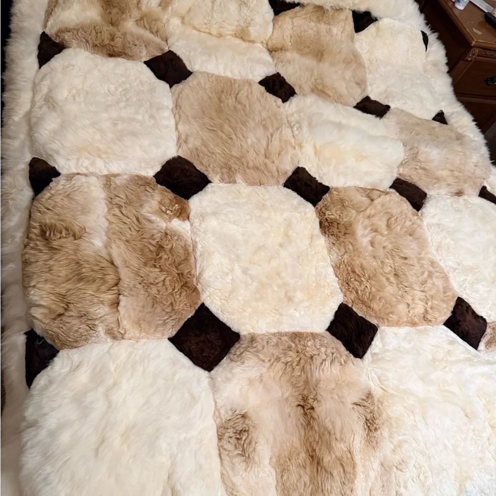 Luxury Sheepskin Patchwork Throw Blanket in Cream and Brown